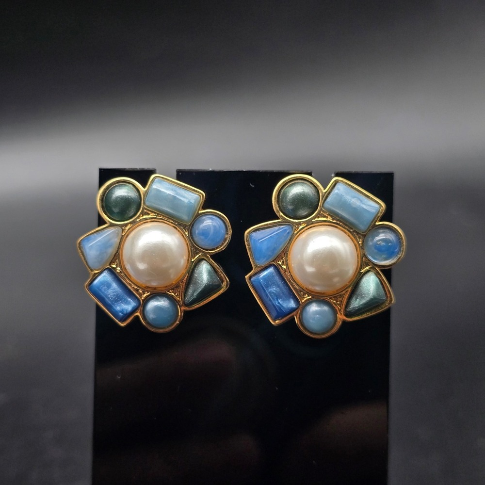 Avon 1988 South of France Earrings Blue Faux Pearl Gold Tone Pierced Vintage